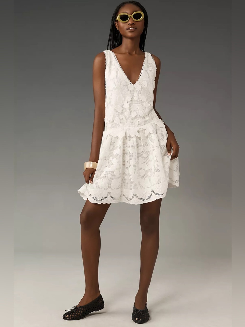 Anthropologie White Lace V-Neck Sleeveless Mini Dress M